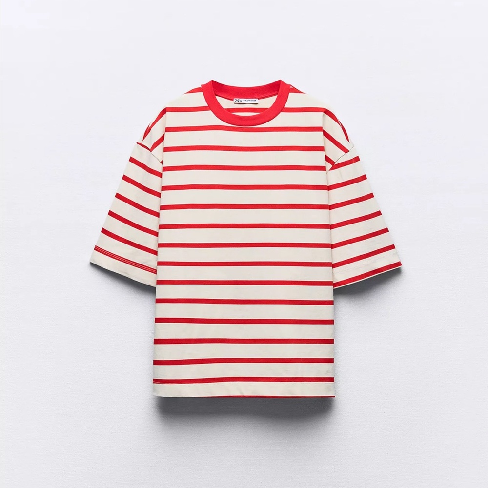 Zara Oversized Striped Red and White Shirt Size L